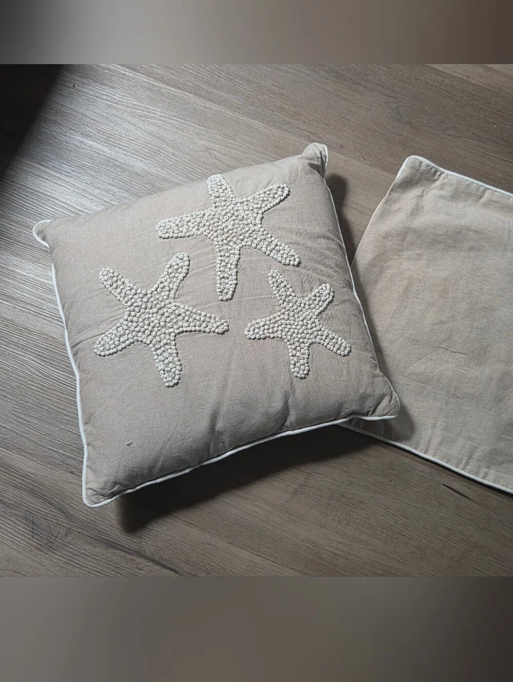 Beige Starfish Embroidered Throw Pillow Cover - Beach Cottage Coastal Grandma 1J